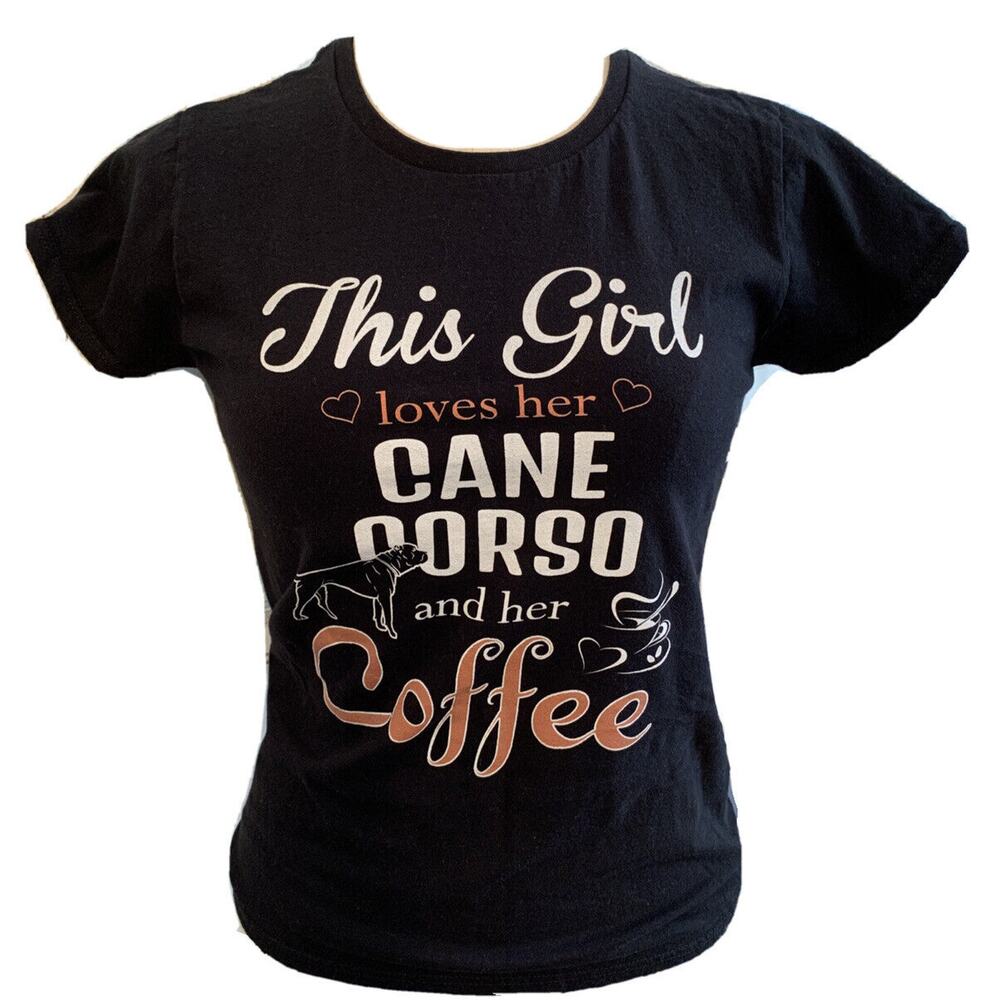 Small Anvil Women's Black Fitted Tshirt "Coffee and Cane Corso" Short Sleeve